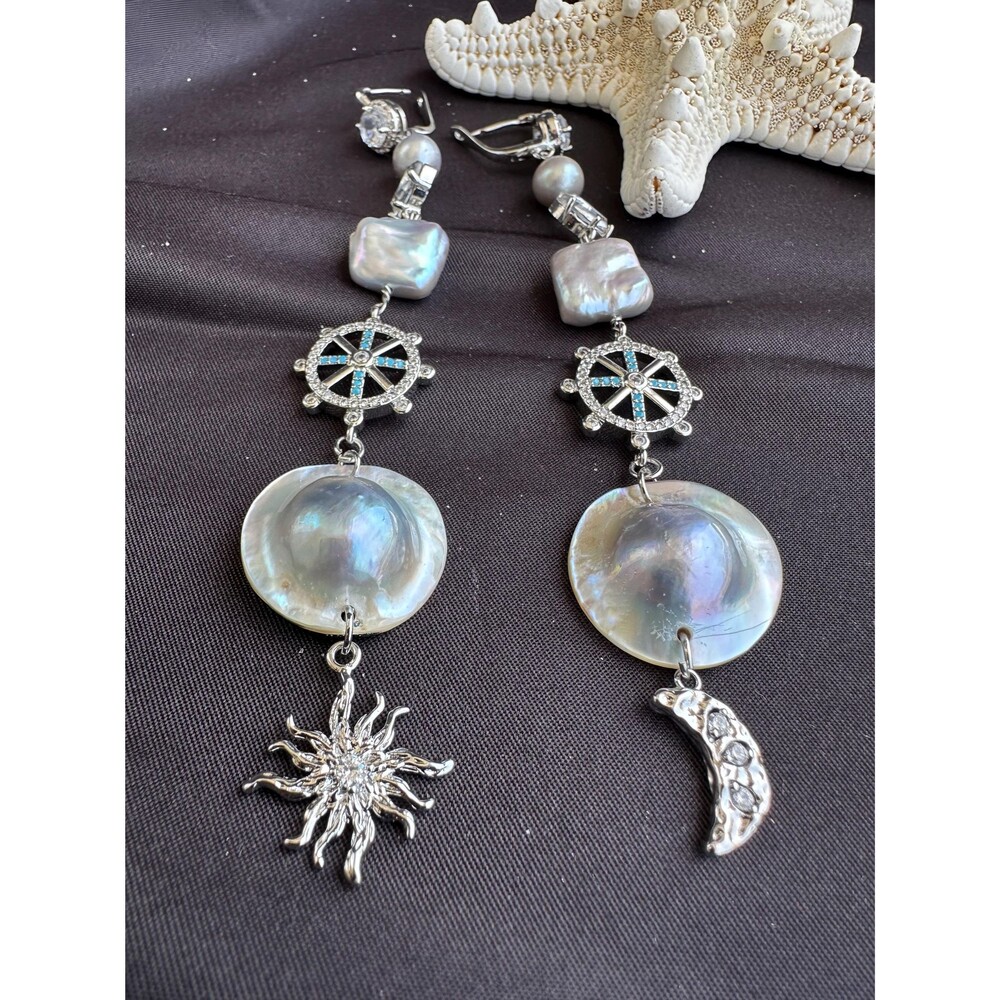 Extra Long Mabe Pearl Statement Earrings, Sea Gray Square & Round Pearls, Crysta